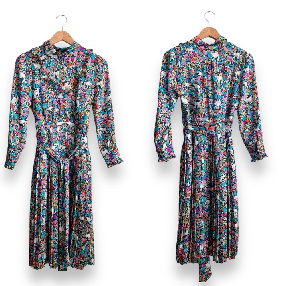 Grazing Goat Pleated Floral Midi Dress Collar Long Sleeve Animal Artsy Novelty 2 - Picture 8 of 9